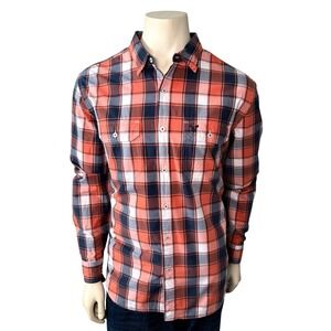 American Eagle Plaid Button Down Mens Orange Navy Blue Long Sleeve